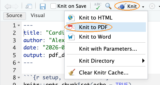 The Knit button at the top of the editor with its dropdown menu open, the button and Knit to PDF both circled