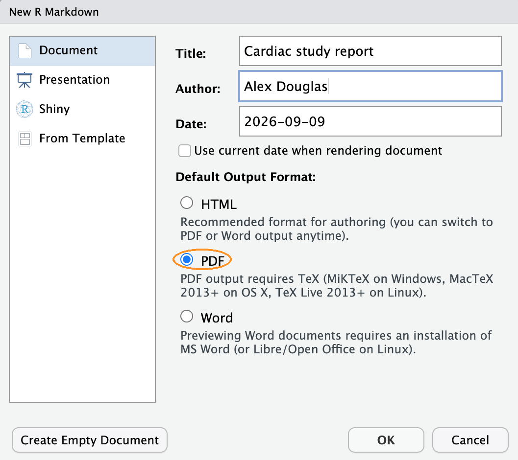 The New R Markdown dialogue with the Title and Author filled in and PDF circled under Default Output Format