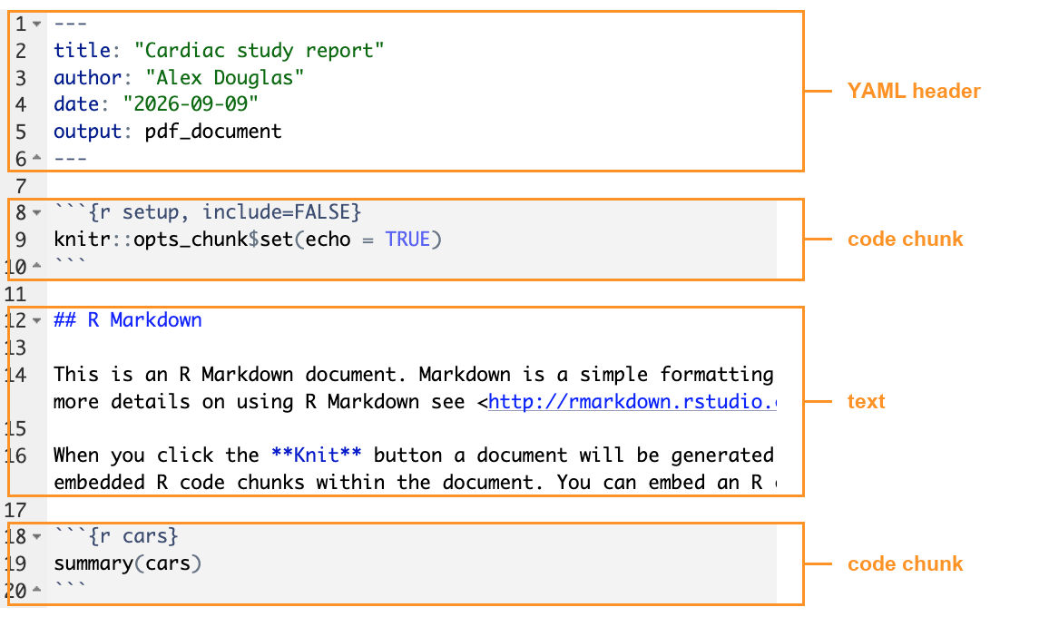 An R markdown file open in the editor with the YAML header, the text and the two code chunks each boxed and labelled