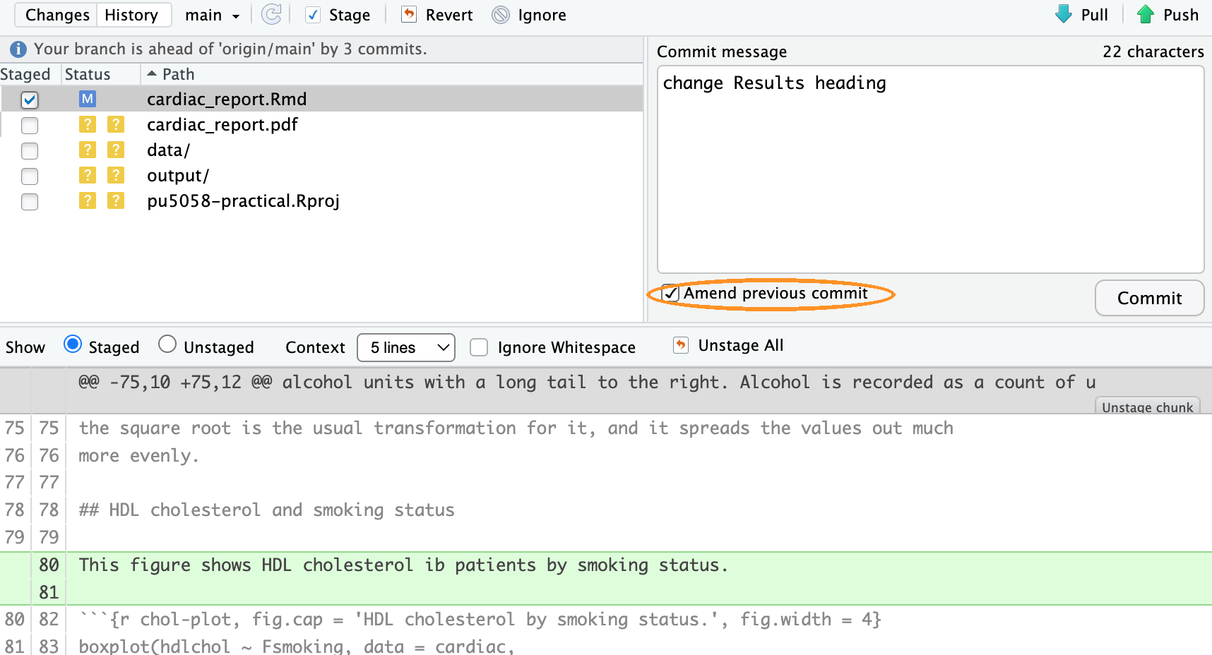 The commit window with the Amend previous commit box ticked