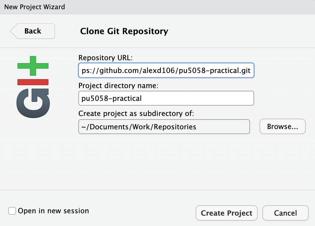 The Clone Git Repository dialogue with the repository URL and project directory name filled in