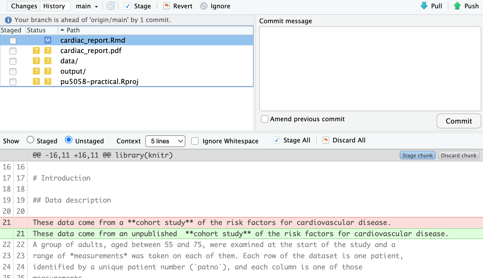 The Review Changes window showing one removed line in red and one added line in green