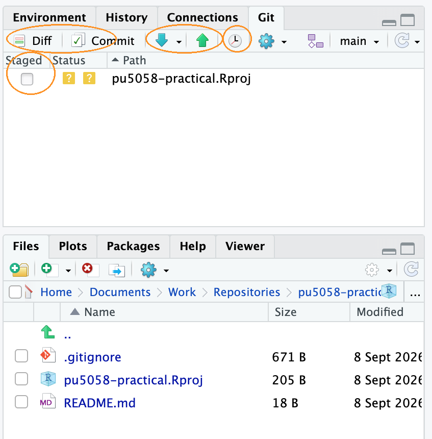 The RStudio Git pane just after cloning, showing one untracked file