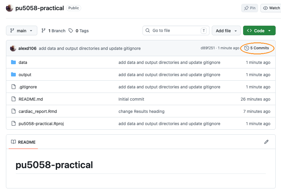 The GitHub repository page after pushing, showing the report, the data and output folders and the commit count