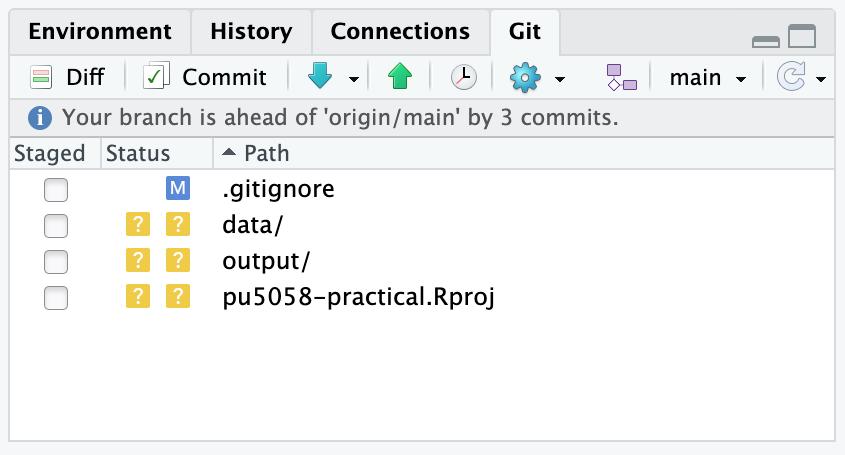 The Git pane after the gitignore edit, with the PDF gone and gitignore now showing M