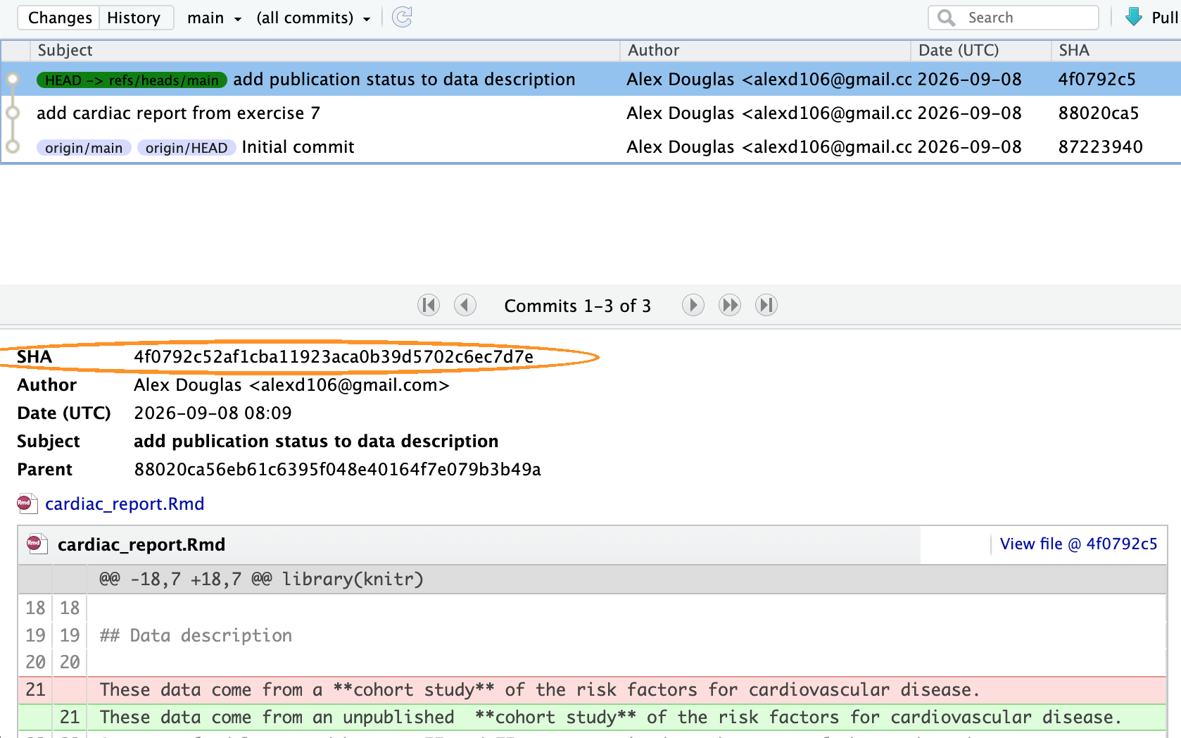 The History window showing three commits, with the details of the selected one in the panel below
