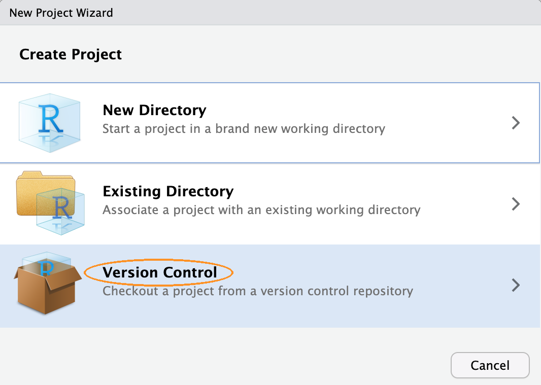 The New Project Wizard showing New Directory, Existing Directory and Version Control