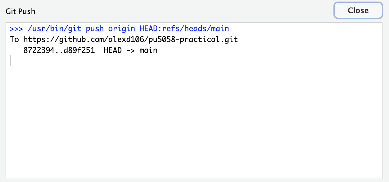 The Git Push window reporting a successful push to the repository on GitHub