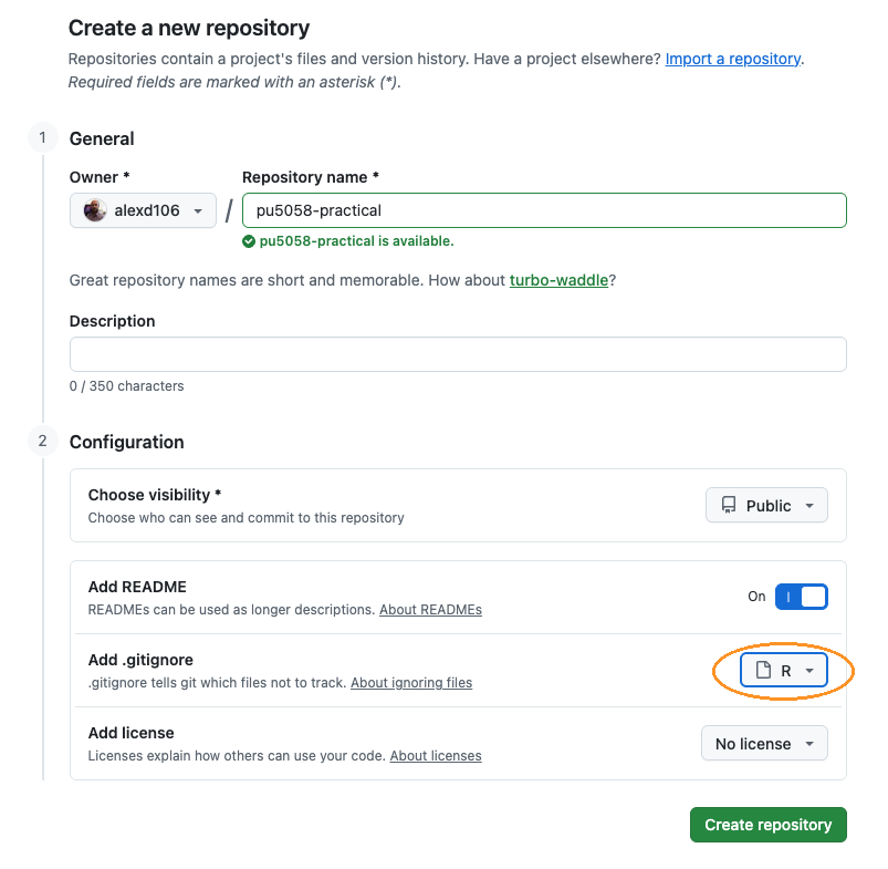 The GitHub new repository form, filled in, with the gitignore dropdown set to R
