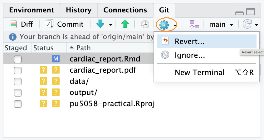 The gear menu in the Git pane, open, showing Revert and Ignore