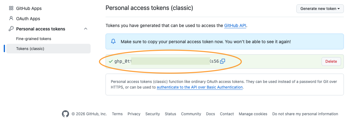 Your token, shown once and never again. Copy it before you leave this page.
