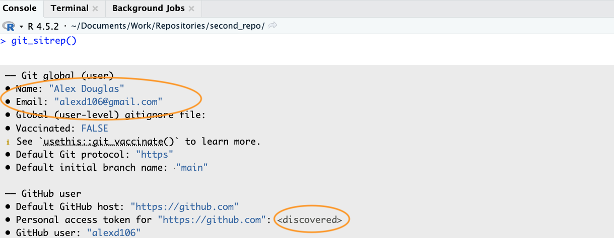 The two lines to look for in the git_sitrep() output.